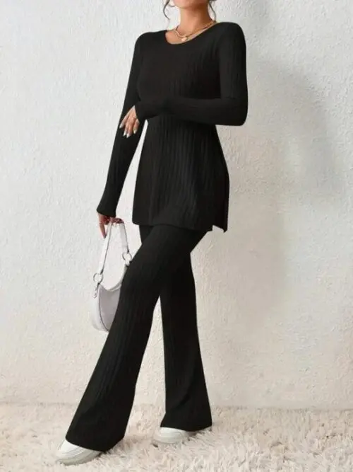 Casual Knitted Two-Piece Set with Slim Fit and Side Slit Detail