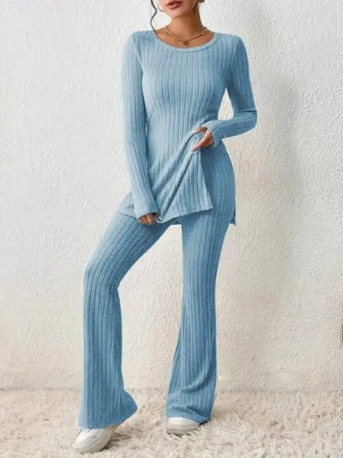 Casual Knitted Two-Piece Set with Slim Fit and Side Slit Detail