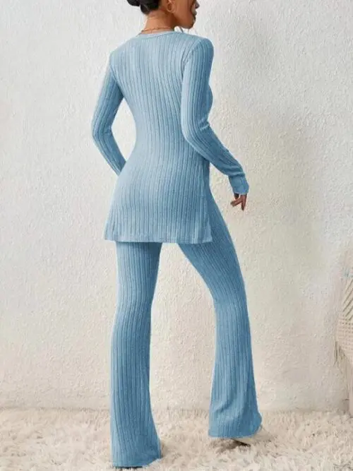 Casual Knitted Two-Piece Set with Slim Fit and Side Slit Detail