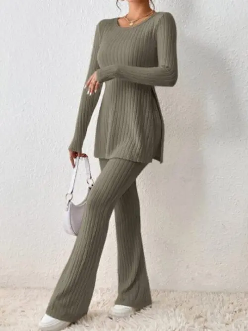 Casual Knitted Two-Piece Set with Slim Fit and Side Slit Detail