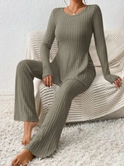Casual Knitted Two-Piece Set with Slim Fit and Side Slit Detail