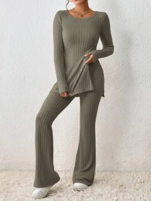Casual Knitted Two-Piece Set with Slim Fit and Side Slit Detail