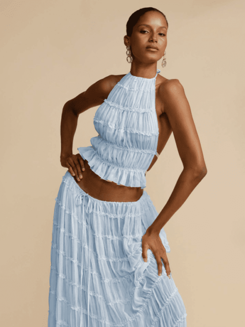 Chic Backless Lace-Up Halter Top & Two-Piece Chiffon Pleated Skirt Set with Stylish Earrings
