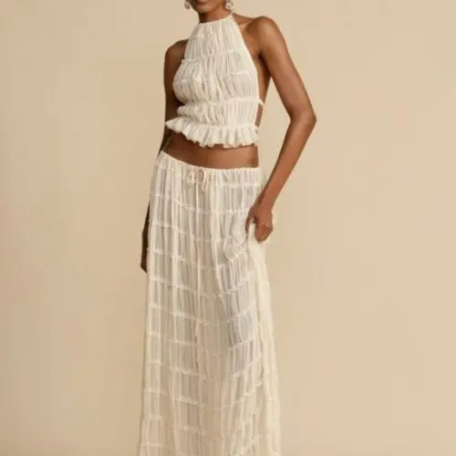 Chic Backless Lace-Up Halter Top & Two-Piece Chiffon Pleated Skirt Set with Stylish Earrings