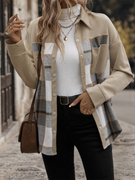 Fashionable Lapel Plaid Single-Breasted Long-Sleeve Jacket