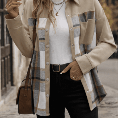 Fashionable Lapel Plaid Single-Breasted Long-Sleeve Jacket
