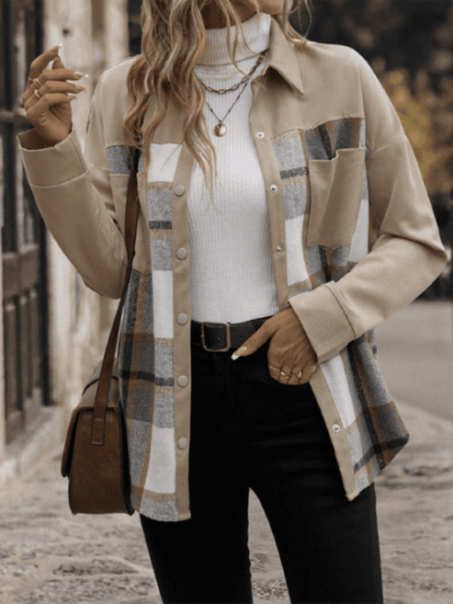 Fashionable Lapel Plaid Single-Breasted Long-Sleeve Jacket