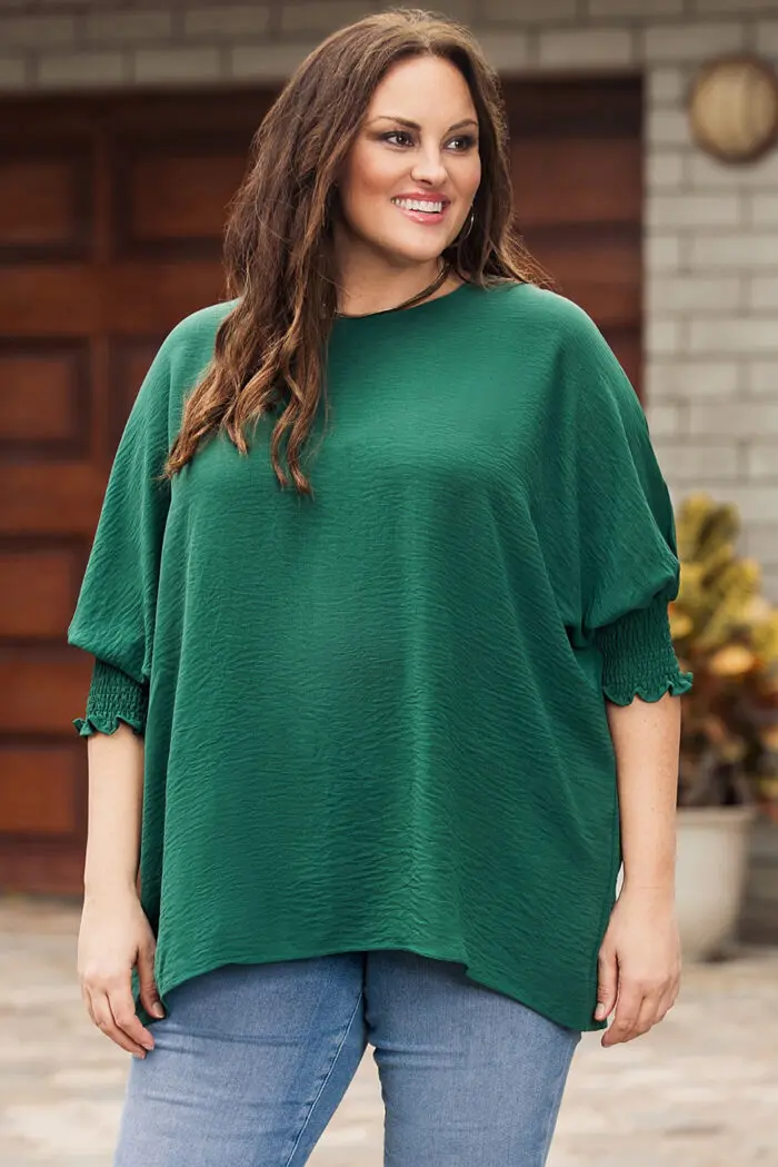 Green Shift Top with Stylish Smocked Wrist Detail