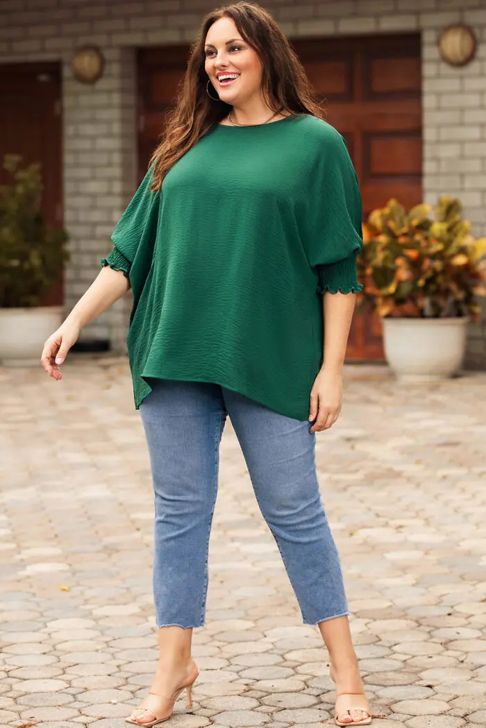 Green Shift Top with Stylish Smocked Wrist Detail