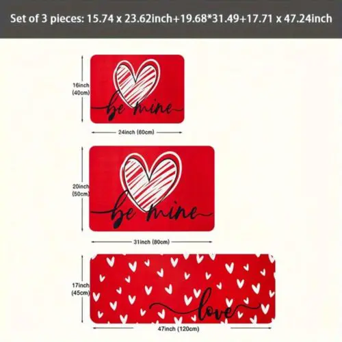 Valentine's Heart Pattern Rug Set - 2/3pcs Non-Slip, Washable, Anti-Fatigue Flannel Mats, Lightweight Stain-Resistant Polyester
