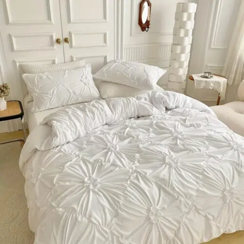 Rustic French Style Textured Flower Pinch Pleated Duvet Cover Set – Luxury All-Season Microfiber Bedding