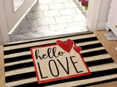 Valentine’s Day Love-Themed Welcome Mat - Non-Slip, Machine Washable, Striped & Heart Design, Ideal for Indoor & Outdoor Decor