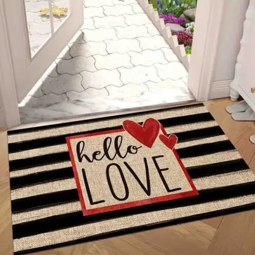 Valentine’s Day Love-Themed Welcome Mat - Non-Slip, Machine Washable, Striped & Heart Design, Ideal for Indoor & Outdoor Decor
