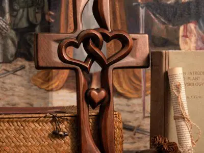 Elegant Wood Cross with Intertwined Hearts - 10 Inch Wall Hanging Decor, Love-Themed Indoor Art for Living Room, Valentine’s Day, and Weddings