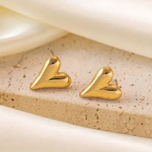 Stainless Steel Three Dimensional Heart Shaped Earring Necklace Set – 18K Gold Plated Jewelry for Women