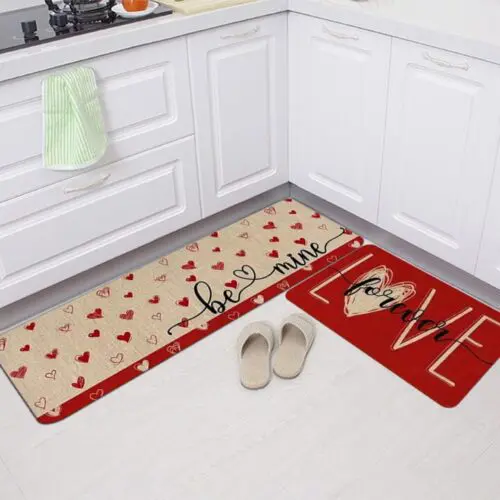 Valentine's Day Decoration Kitchen Set Carpet - 2/3pcs Non-Slip Washable Rugs, Love Font Pattern, Stain-Resistant Fleece for Home