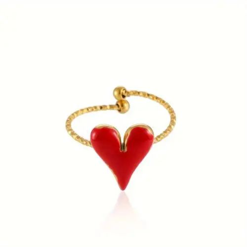 Elegant Red Heart 18K Gold Plated Stainless Steel Adjustable Ring – Perfect for Daily Wear & Weddings