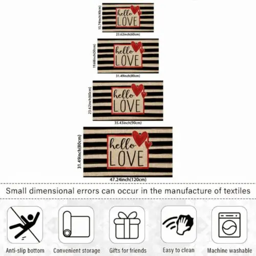 Valentine’s Day Love-Themed Welcome Mat - Non-Slip, Machine Washable, Striped & Heart Design, Ideal for Indoor & Outdoor Decor