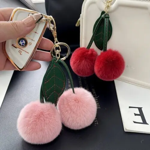Cherry Keychain – Fluffy Faux Fur Car Hanging Accessory, Cute Backpack Charm, All-Season Decoration