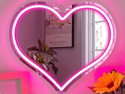 Heart Neon Mirror Pink Love Heart Neon Sign – Dimmable USB LED Light for Wall Decor & Gifts