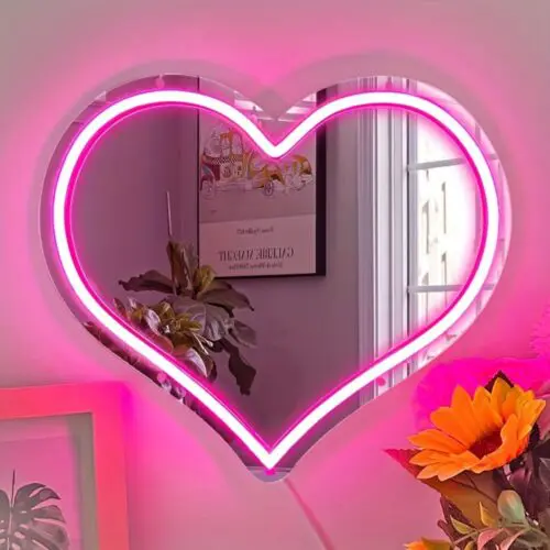 Heart Neon Mirror Pink Love Heart Neon Sign – Dimmable USB LED Light for Wall Decor & Gifts