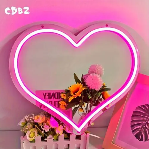 Heart Neon Mirror Pink Love Heart Neon Sign – Dimmable USB LED Light for Wall Decor & Gifts