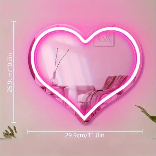 Heart Neon Mirror Pink Love Heart Neon Sign – Dimmable USB LED Light for Wall Decor & Gifts