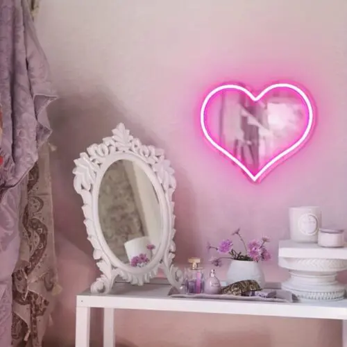 Heart Neon Mirror Pink Love Heart Neon Sign – Dimmable USB LED Light for Wall Decor & Gifts