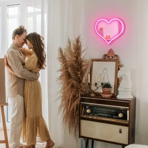 Heart Neon Mirror Pink Love Heart Neon Sign – Dimmable USB LED Light for Wall Decor & Gifts