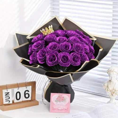 24/36 pcs Everlasting Glitter Roses Bouquet – Shiny Artificial Red Roses for Valentine’s, Weddings & More