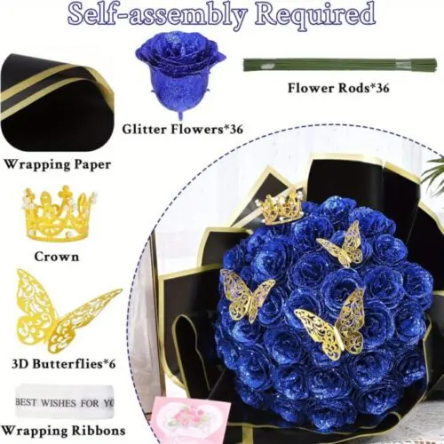 24/36 pcs Everlasting Glitter Roses Bouquet – Shiny Artificial Red Roses for Valentine’s, Weddings & More