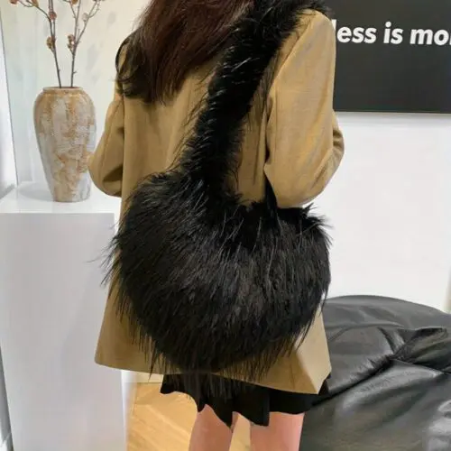 Chic Heart Shaped Faux Fur Shoulder Bag with Tassels – Large Capacity Crossbody Purse for Women