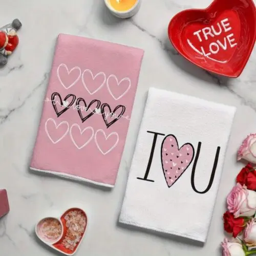 Valentine's Day Kitchen Towels - 4pcs Pink Hearts ‘Love You’ Set, Machine Washable Polyester, Hand & Dish Towels for Wedding & Anniversary Decor