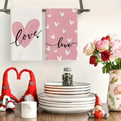 Valentine's Day Kitchen Towels - 4pcs Pink Hearts ‘Love You’ Set, Machine Washable Polyester, Hand & Dish Towels for Wedding & Anniversary Decor