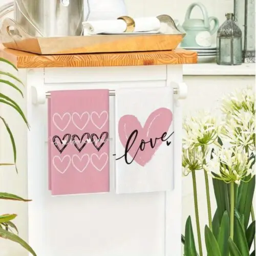 Valentine's Day Kitchen Towels - 4pcs Pink Hearts ‘Love You’ Set, Machine Washable Polyester, Hand & Dish Towels for Wedding & Anniversary Decor