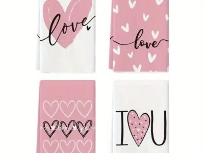 Valentine's Day Kitchen Towels - 4pcs Pink Hearts ‘Love You’ Set, Machine Washable Polyester, Hand & Dish Towels for Wedding & Anniversary Decor