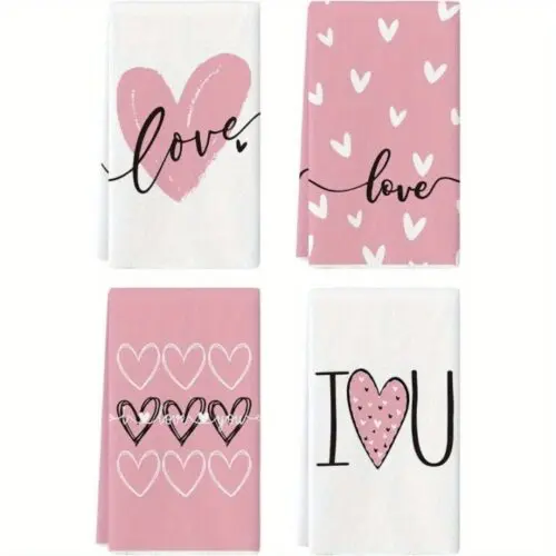 Valentine's Day Kitchen Towels - 4pcs Pink Hearts ‘Love You’ Set, Machine Washable Polyester, Hand & Dish Towels for Wedding & Anniversary Decor