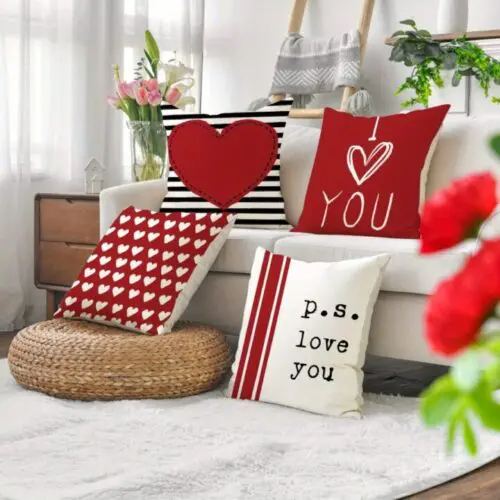 Valentine’s Day Pillowcase Red Bedside - 4pcs Decorative Cushion Covers, Vintage Geometric Design, 100% Polyester