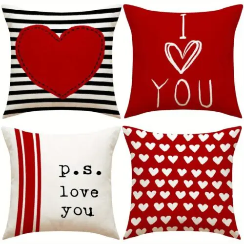Valentine’s Day Pillowcase Red Bedside - 4pcs Decorative Cushion Covers, Vintage Geometric Design, 100% Polyester