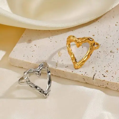 1pc Fashion Simple Love Heart Shaped Stainless Steel Ring – 18K Gold Plated Adjustable Opening for Men & Women