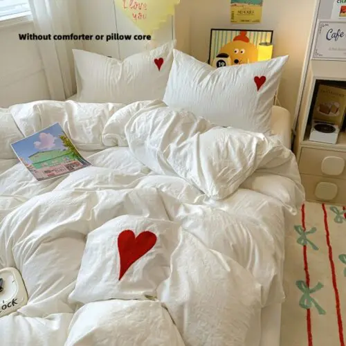 4pcs Modern Solid Color Heart Embroidered Bedding Set – Soft All-Season Polyester, Duvet Cover & Pillowcases