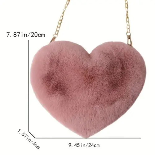Fashion Heart-Shaped Fluffy Shoulder Bag – Faux Fur Crossbody Purse with Zipper, Polyester Lined, Perfect for Valentine’s Day