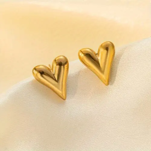 Stainless Steel Three Dimensional Heart Shaped Earring Necklace Set – 18K Gold Plated Jewelry for Women