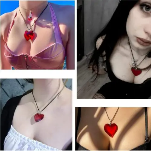 Fashionable Red Heart Shaped Glass Pendant Necklace – Adjustable Chain, Y2K Jewelry Gift for Teen Girls & Women