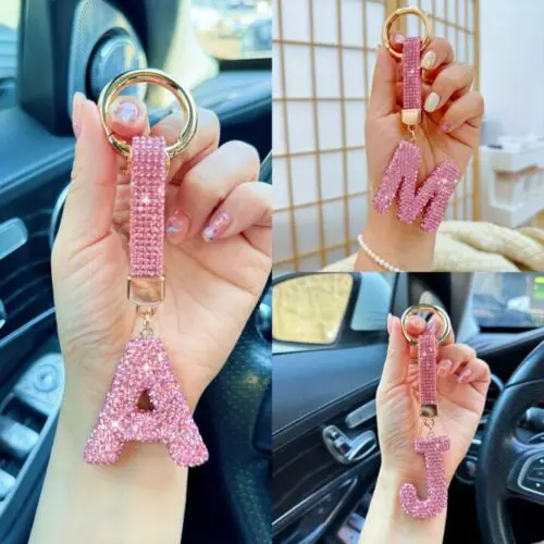Alloy Rhinestone Alphabet Keychain – A-Z Charm Pendant with Shiny Rhinestones for Women’s Gifts