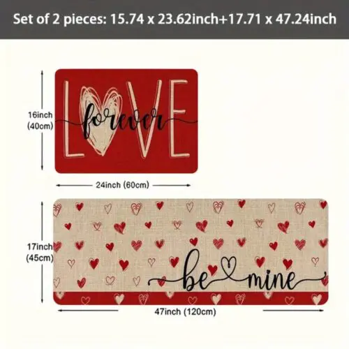 Valentine's Day Decoration Kitchen Set Carpet - 2/3pcs Non-Slip Washable Rugs, Love Font Pattern, Stain-Resistant Fleece for Home