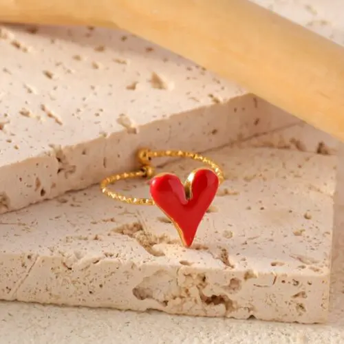 Elegant Red Heart 18K Gold Plated Stainless Steel Adjustable Ring – Perfect for Daily Wear & Weddings