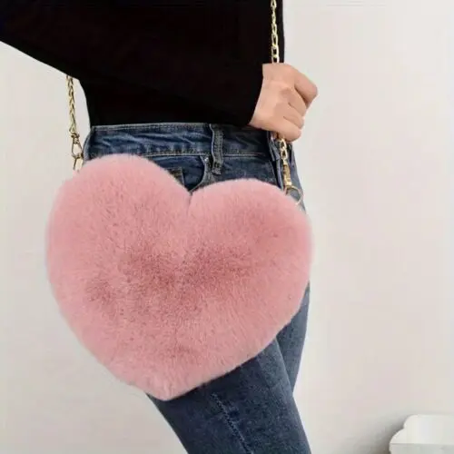 Fashion Heart-Shaped Fluffy Shoulder Bag – Faux Fur Crossbody Purse with Zipper, Polyester Lined, Perfect for Valentine’s Day