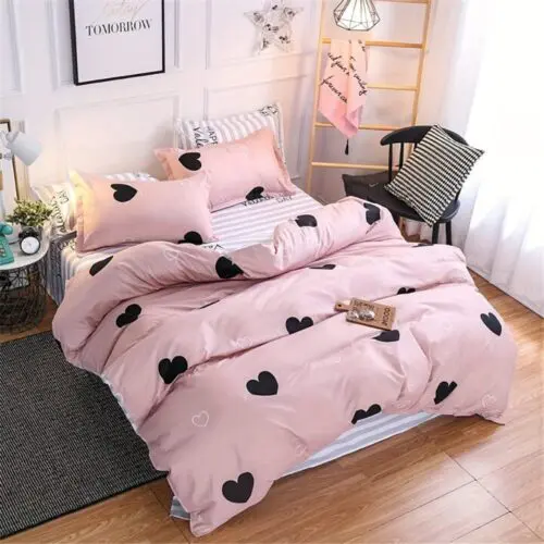 Blush Pink Love Heart Duvet Cover Queen – Reversible 3pc Microfiber Bedding Set with Blue & White Stripes