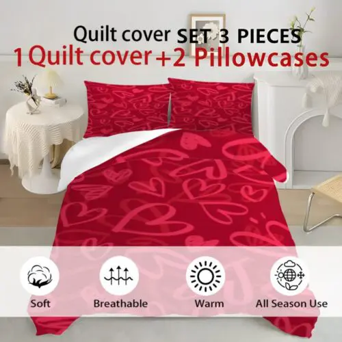 3pcs Contemporary Heart Pattern Bedding Set – Soft All-Season Polyester with Zipper Closure
